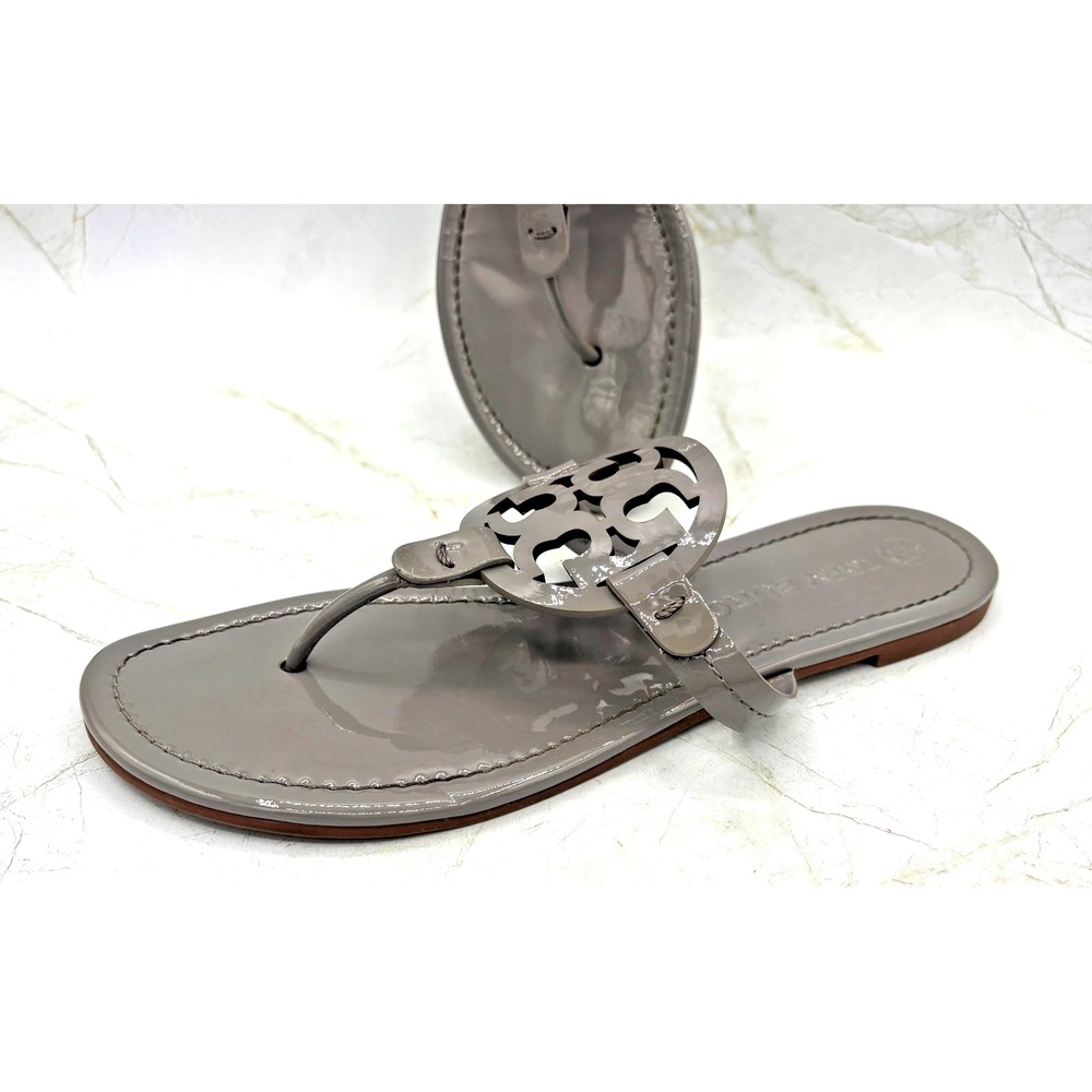 TORY BURCH Miller Patent Leather Flat Sandals Malta Grey Womens US Size 10 EUC - Picture 3 of 9